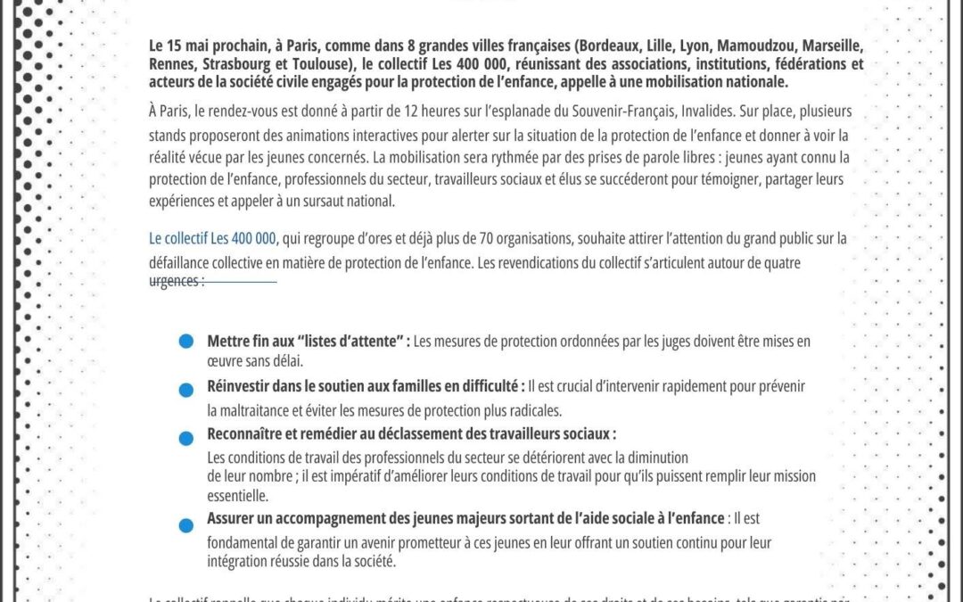 Les PEP 75 se mobilisent pour la protection de l’enfance avec le collectif Les 400 000